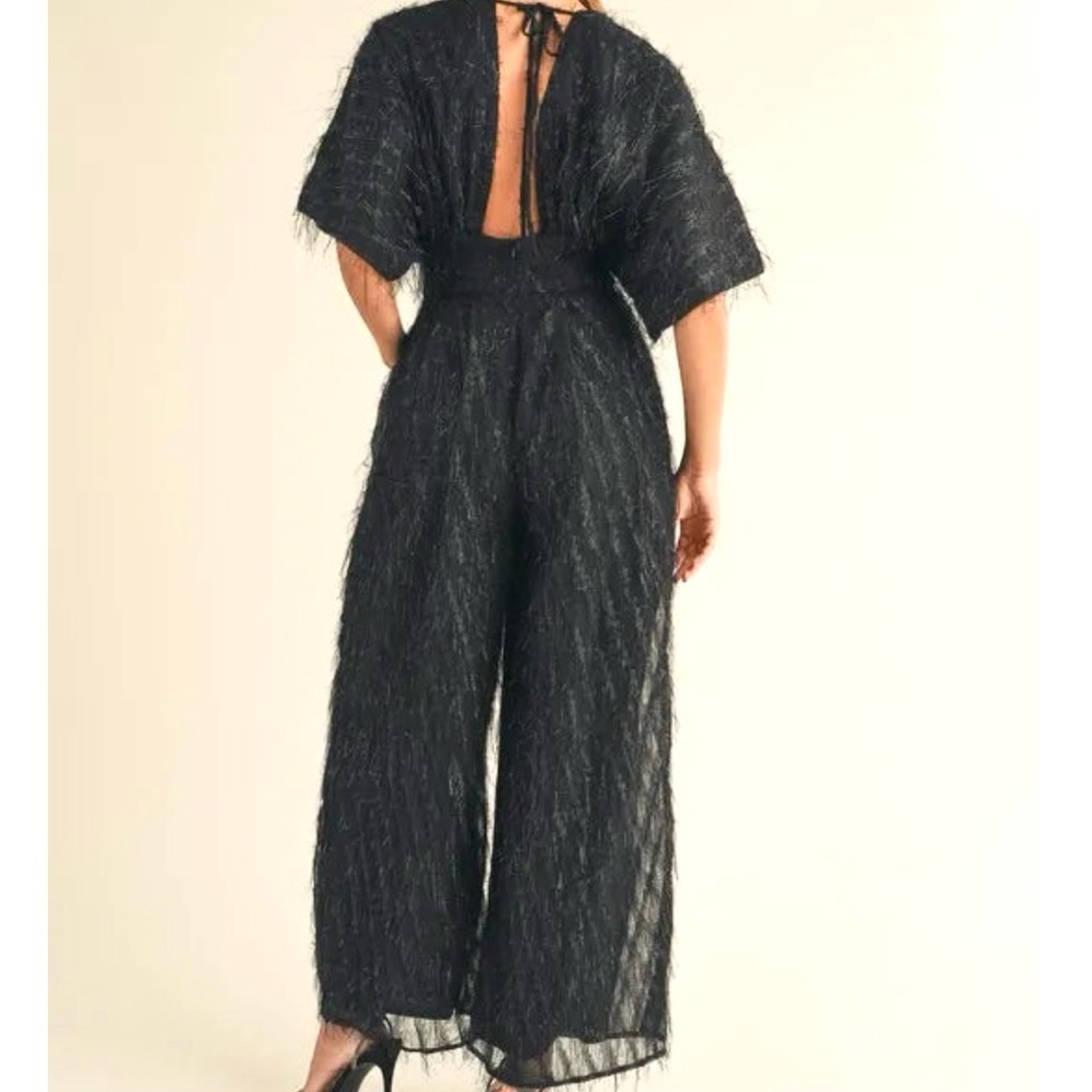 Mable Black Jumpsuit Plunging Neckline Bat Sleeves Wide leg Party SZ S NWOT - Picture 3 of 10